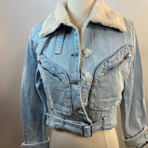Fashion Nova Women's Belted Sherpa Moto Denim Jacket - Size Small - NWT - Picture 4 of 7